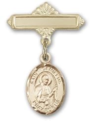 Gold Filled Baby Badge with St. Camillus of Lellis Charm and Polished Badge Pin Catholic Saint Camillus De Lellis Patron Saint of Hospitals, Nurses, Sick