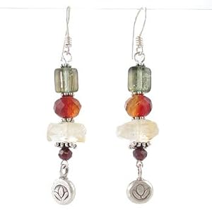 Lotus Blossom Flower Dangle Earrings in Sterling Silver with Citrine, Garnet Gemstone, and Czech Glass Beads, #8165