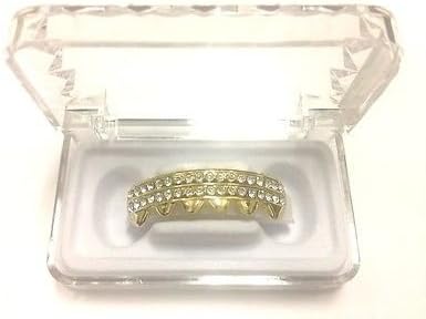 Gold Silver Colored Hip Hop Grillz Top Bottom Teeth Grill w/ Stone New In Box (Gold Top 2 Line Clear)