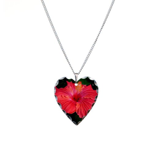 Necklace Heart Charm Red Hibiscus Bloom