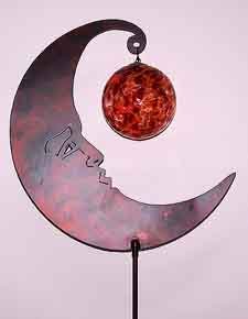 Luna Moon Bronzed Iron Garden Stake with Red Crackle Hand Blown Sun Catcher Glass Gazing Globe