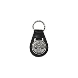 Black Leather Key Fob with Round Cast Pewter Four Way Medal with Bright Cut Accents