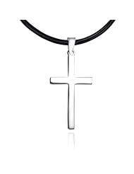 925 Sterling Silver Long Flat Shiny Plain Cross Pendant with Genuine Black Leather Cord 18" - Nickel Free