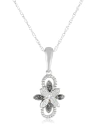 10k White Gold Flower Black and White Diamond Pendant Necklace (0.02 cttw, I-J Color, I2-I3 Clarity), 18