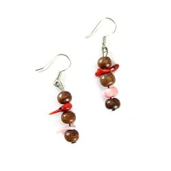 Red and Pink Bamboo Coral with Tropical Wood Beads Dangle Earrings