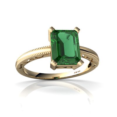 14K Yellow Gold Emerald-cut Created Emerald Milgrain Ring Size 7