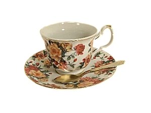 Antique Rose Pattern, Fine China Teacups & Saucers w/ Gold Spoons (Set of 4)