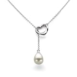 Heart Shape "Love" Lariat Necklace Sterling Silver 10.5-11mm White Freshwater Pearl High Luster, 21" Length.