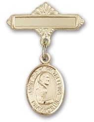14K Gold Baby Badge with St. Pio of Pietrelcina Charm and Polished Badge Pin