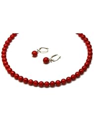 Coral Set Necklace and Earrings 10mm Coral Beads Necklace and 14k White Gold Earrings with Lever