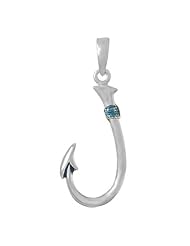 925 Solid Sterling Silver Necklace Charm Pendant, 3d Fishing Hook With Blue Enamel