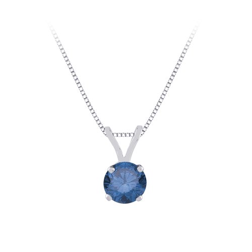 Blue - I1 Round Brilliant Cut Diamond Solitaire Pendant with Chain in 14K White Gold