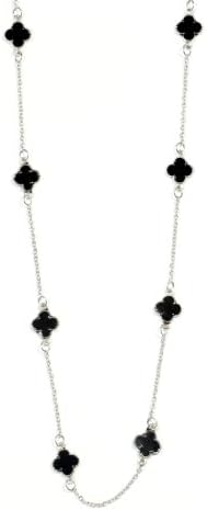 Black Clover Four Leaf Stations Necklace Long Silver Tone Chain NC06 Enamel Club Charm Pendant