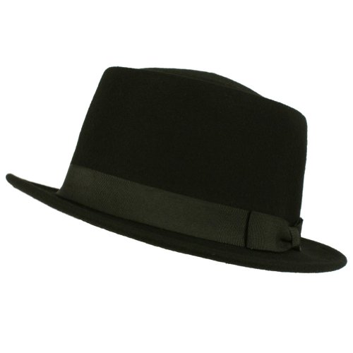 Men's Winter Classic 100% Wool Boater Porkpie Ribbon Band Top Hat Cap Black M/L