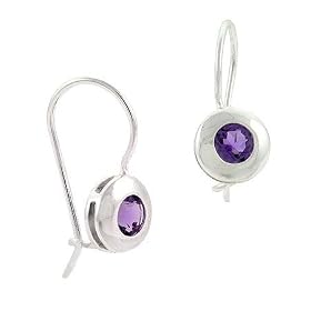 Sterling Silver Bezel Set Genuine Amethyst Stone Round Fish Hook Earrings by SilverSpeck.com