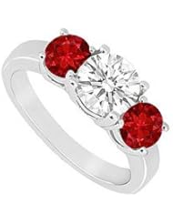 Three Stone Ruby and Diamond Ring 14K White Gold - 1.50 CT TGW