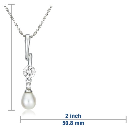 Sterling Silver 7x9mm Pear-Shaped Freshwater Cultured Pearl w/ 6mm Round Brilliant-Cut Cubic Zirconia Pendant, 18