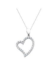 14K White Gold CZ Heart Charm Pendant with 1.0mm Anchor Link Mariner Chain Necklace Set - 18" Inches