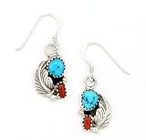 By Navajo Artist Ida McCray: Beautiful Sterling-silver Turquoise & Coral drop-earrings