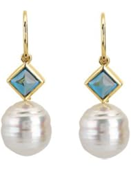 05.00 MM/11.00 MM Fine Ci 14K White Gold South Sea Cultured Pearl And Genuine London Blue Topaz Earring