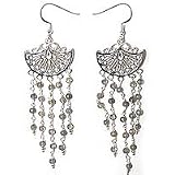 Dangle Long Earring Sterling Silver & Labrodite Gemstone Hand Engraved Indian Style 3.75 inches (ers149)