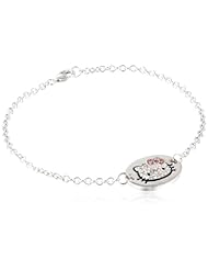 Hello Kitty Girls "Black Outline" Sterling Silver Pave Crystal Face Pink Crystal Bow Oval Disc Bracelet, 7"