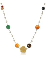 Multi-Gemstone with Flower Carving Linked White Freshwater Cultured Pearls Gold over Silver Necklace, 19"