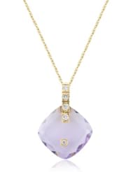 0.10 Cts Diamond & 3.85 Cts of 10 mm AA Cushion Rose De France Amethyst Necklace in 14K Yellow Gold