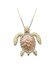 14K Tricolor Gold Turtle Honu Necklace Pendant with Box Chain