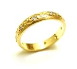 Hand Engraved Wedding or Stacking Ring with Flower Design Pave Set Full Circle, 18k Yellow Gold, Ring Size 6.5 (T.w 0.15)
