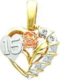 14K Tri Color Gold 15 CZs Heart & Rose Charm Pendant
