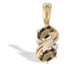14K Yellow Gold Genuine Oval Smoky Quartz and Diamond Pendant by Jewels For Me