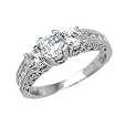 Sterling Silver Three Stone Engagement Ring With Round Cubic Zirconias and Sidestones in Channel Setting