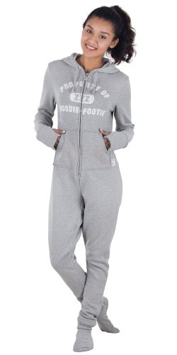 Gray Varsity Hooded Onsie Footed Fleece Pajamas for Women
