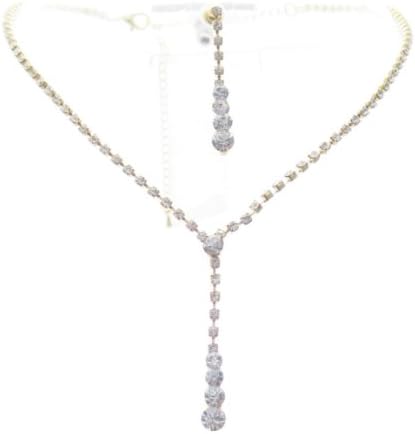 Stunning Graduated Y Drop Gold Tone Bridal BRIDESMAID Evening Crystal Necklace and Earring Set