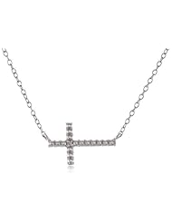 Sterling Silver or 14k Rose Gold over Sterling Silver Stationed Sideways Cross Diamond Accent Necklace, 18"