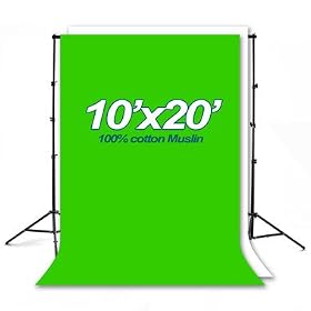 Lumenex Studio Heavy Duty 10' x 8.5' Background Stand Backdrop Support System Kit + 10' X 20' 100% Cotton Green Chroma Key Muslin Backdrop + 10' x 20' 100% Cotton White Muslin Backdrop Background Photo Portrait Studio