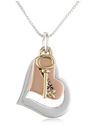 Tri-Colored Sterling Silver with Yellow and Rose Gold Flashed "Me + You" Two Heart Charms with Key Pendant Necklace, 18"