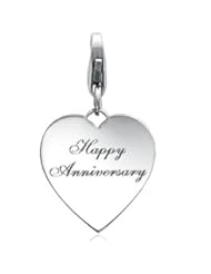 Rhodium Plated Sterling Silver Happy Anniversary Charm with Lobster Clasp, Width 5/8 Inch, Length 1 1/8 Inch, Weight 3.85g, Best Gift for Your Love