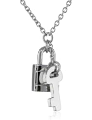 Stainless Steel Lock and Key Crystal Accent Pendant Necklace, 16"+2" Extender