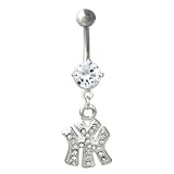New York Yankees 316L Stainless Steel Belly Ring with Cubic Zirconia - 14G - 7/16 Inch Bar Length - Sold Individually