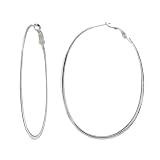Sterling Silver Large Oval, 70mm, Flat Clutchless Hoop Earrings