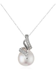 14k White Gold 9.5-10mm Golden South Sea Cultured Pearl Pendant Necklace (0.1 cttw, G-H Color, I1-I2 Clarity), 17"