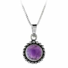 Sterling Silver Bali Beaded Genuine Cabochon Amethyst Stone Circle Pendant by 