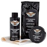 Harley Davidson Leather Care Kit. Set includes one 4 oz. bottle of Leather Care to keep leather supple, one 2 oz. jar of black creme polish for exceptional shine, one soft cloth for polishing, and one 10 pack of travel disposable Leather Care wipes to clean, condition, and preserve leather. All packed in a convenient tote. 99470-06V