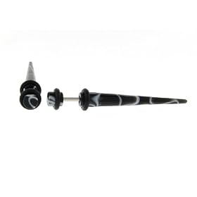 Fake Acrylic Taper - Black with White - 16g Wire Stud - 6 Gauge - 41mm Length - Sold as a Pair