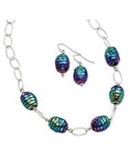 Genuine IceCarats Designer Jewelry Gift Sterling Silver Multicolor Dichroic Glass Oval Earrings & 15In Necklace Set