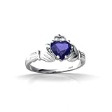 14K White Gold Heart Created Sapphire and Diamond Celtic Claddagh Ring