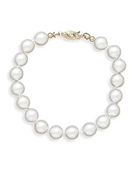 8" 7-7.5mm Grade A Cultured Akoya Pearl Bracelet individually knotted with a 14K Yellow Gold Clasp