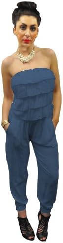 Strapless Frill Front One Size Cotton Jump Suit Size 4-8 (Blue)